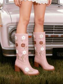Western Boots For Women Flower Embroidery Mid Calf Boots Square Toe Chunky Block Heel Knee High Boots Low Heel Long Boots For Women Comfortable Casual Cowgirl Western Boots For Women Comfort Country Walking Shoes - Hồng - Xem 3
