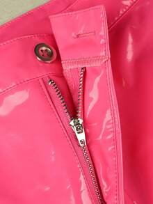 Women's Metallic Zipper Elastic Fabric High Waist Skinny Pants, PU Leather Slim Fit Y2K Style Casual Nightclub Party , Spring/Autumn - Hot Pink - View 4