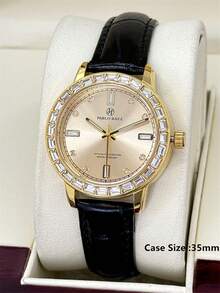 Pablo Raez 1pc 18K Gold Ladies Watches Luxury Vintage Women Dress Wristwatch Summer Accessories Jewelry Square Crystal Fantasy Original Charming Watches Fashionable Rectangle Rhinestones Stainless Steel IPG Golden Non Tarnish Plated Color Metal Case Elegant Top Brand New Shinning Rhinestones Design - one-size - View 4