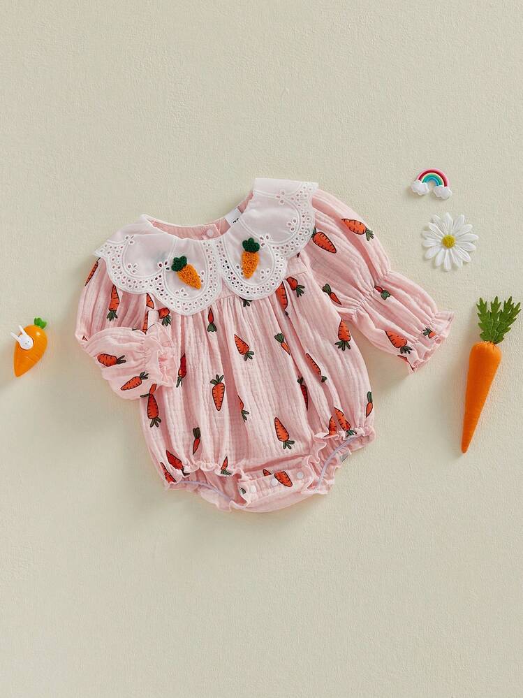 Infant Baby Girl Easter Rompers Long Sleeve Doll Collar Carrot Print Bubble Jumpsuit - Pink - View 8