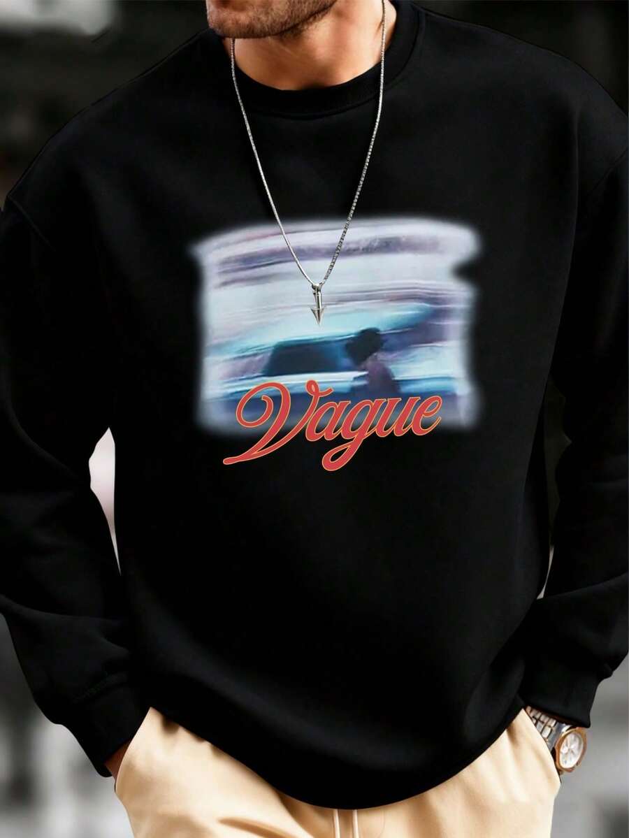 Sudadera térmica para hombres, cuello redondo con estampado gráfico, sudadera casual para deportes al aire libre en invierno. Diseño virtual, mezcla de poliéster, tela elástica, cómoda, transpirable, moda casual