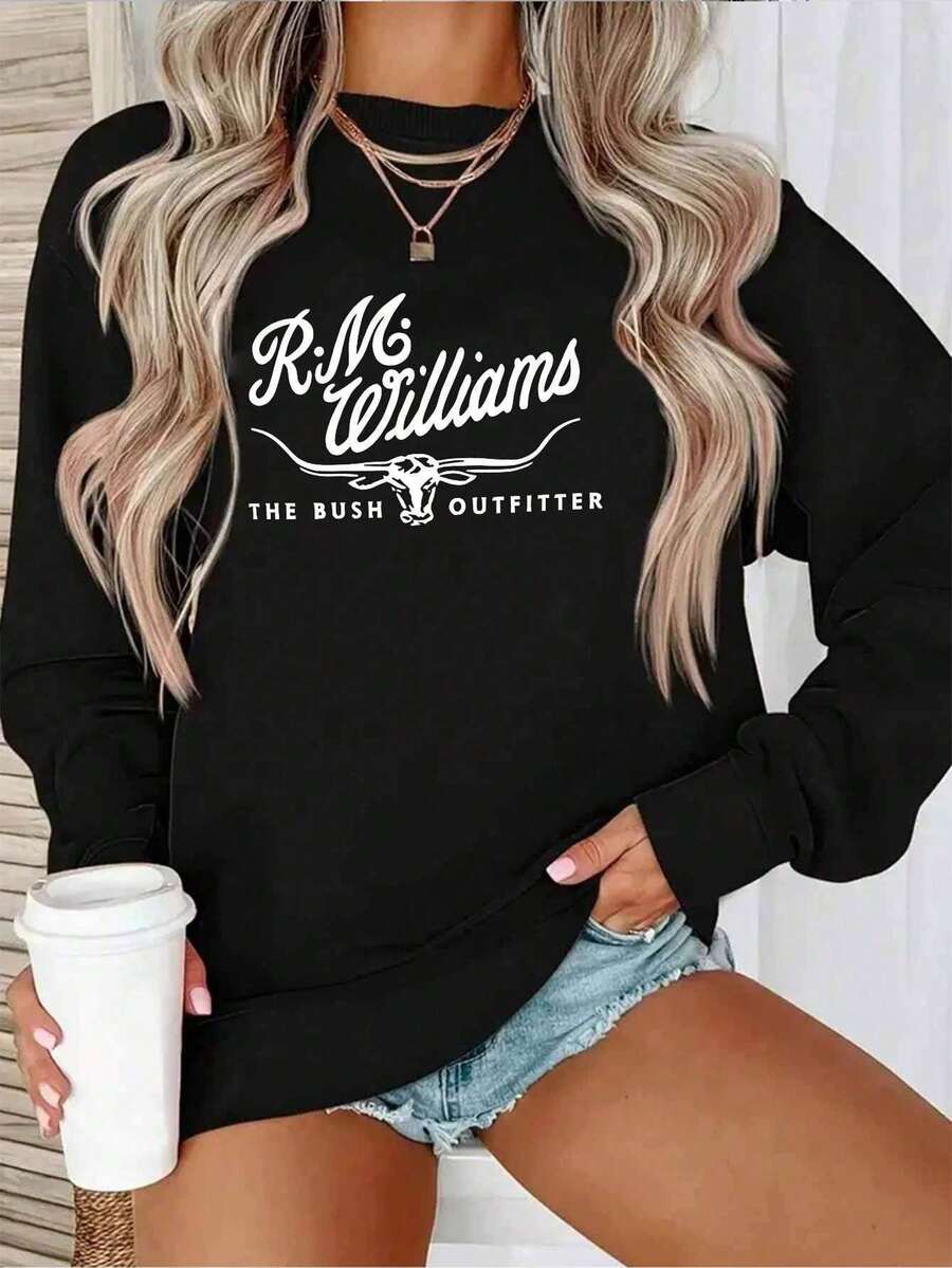 Women'S Y2K Style Black Sweatshirt With "R.M. Williams The Bush Outfitter" Print - Casual Crew Neck, Short Sleeve, Stretchy Polyester Blend, Perfect For Casual Attire, Casual Wear | Y2K Fashion | Stretchy Fabric |   Plus Size - 黑色 - 查看 1