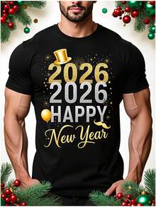 Men's T-Shirt 2026 Happy New Year Gold Top Hat, Balloon And Mustache Design, Funny Cotton Pajamas, Matching Family Set, Factory Direct Shipping In USA, New Year, Thanksgiving, Christmas Eve, Machine Wash - 黑色 - 查看 8