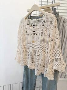 JIANHU Boho Crochet Hollow Knit Blouse – Spring Fall Lightweight Sweater Top, Vintage Loose Fit Pullover For Layered Casual Outfits - Apricot - View 2