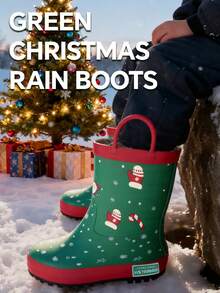 Kinder Weihnachts Regenstiefel, grün mit Griffen, wasserdicht & leicht zu reinigen, tolles Weihnachtsgeschenk