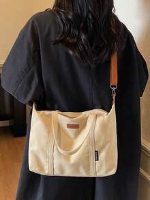 大容量帆布手提包，时尚学生通勤手提包，休闲百搭单肩包 - 卡其色 - 查看 2