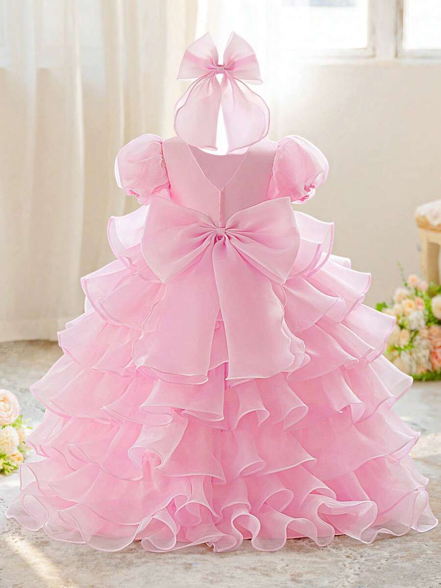 Vestido de princesa con cola para niñas pequeñas, de unicolor, cuello redondo, espalda con lazo de mariposa de organza, adecuado para niña de las flores, boda, salida - Rosa - Ver 1
