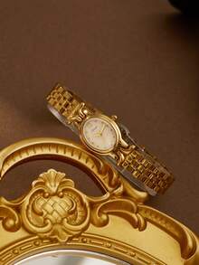 XIVIYA 1pc Women's Elegant Oval Glitter Dial Waterproof Wrist Watch, Golden Color, High-Quality Gift