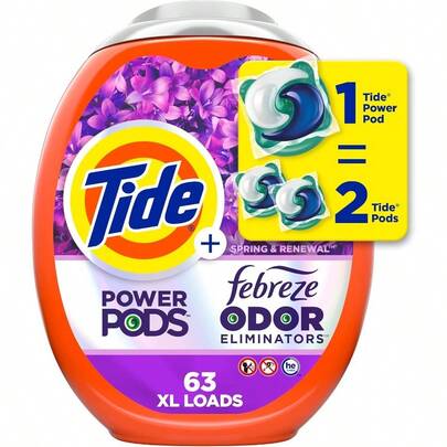 Cápsulas de detergente para la ropa SLAW Power con aroma Febreze de primavera y renovación, 63 unidades para frescura todo el día