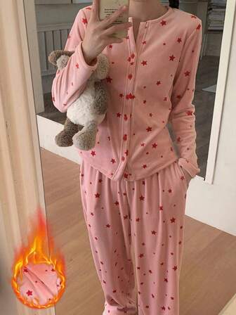 2 piezas Conjunto de pijama de terciopelo para mujer, camiseta con estampado de estrella de cuello en V y pantalón con estampado de estrella, ropa de estar en casa cómoda y casual, adecuada para primavera, otoño e invierno