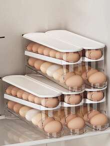 1 pieza Soporte automático de doble capa para huevos, mantiene los huevos frescos, contenedor deslizante que sostiene de 12 a 14 huevos - Diseño con cremallera, material de plástico, sin contacto - Organizador de refrigerador, bandeja para huevos de cocina - Multicolor - Ver 3