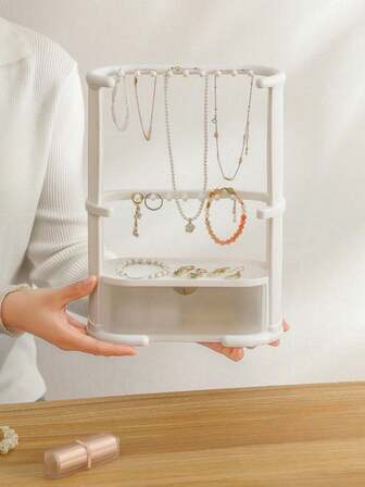 1pc 3-Tier Desktop Jewelry Organizer With Drawers, Dust-Proof Display Stand, Multi-Purpose Cosmetic Storage Rack