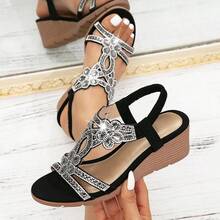 Women's New Platform Wedge Sandals - Retro Rhinestone Elastic Strap Bohemian Style Roman Sandals, Suitable For Vacation - Black - View 10