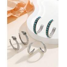 Bộ 1-3 đôi hoa tai hình chữ C khảm ngọc lam hình bán nguyệt họa tiết hoa phóng đại - Bộ 3 đôi bông tai hình chữ C - Xem 8