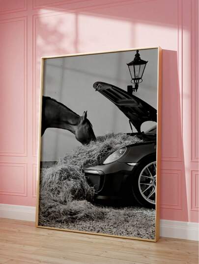 1pc Frameless Horse & Supercar Digital Print, Black And White Luxury Car Photography, Farmhouse Chic Exotic Wall Art, Modern Garage Decor For Man Cave, Masculine Home Decor, Gift For Car & Horse Lovers