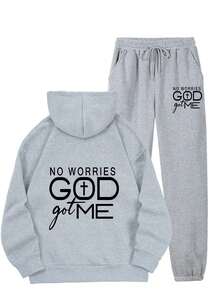 Women'S Fleece-Lined Hoodie & Printed Sweatpants Set , Machine Washable, Pocket Detail, Comfortable Warm  Women'S Fleece-Lined Hoodie & Printed Sweatpants Set - Oversized V-Napkin Hoodie With "NO WORRIES GOD GOT ME" Print, Fleece-Lined Pants, Machine Washable Winter Warmth, Pocket Detail, Cozy Casual Outfit For Fall/Winter, Faith-Inspired Casual Wear  Conjunto Deportivo Sport Outfit Women  Athletic Sets Women  Women's Winter Clothing Of Women's Winter Clothing Women's Winter Fashion Women's Winter Promotion Of Women's Winter Clothing Christmas  Ugly Christmas Sweater Women Curve - Xám - Xem 1