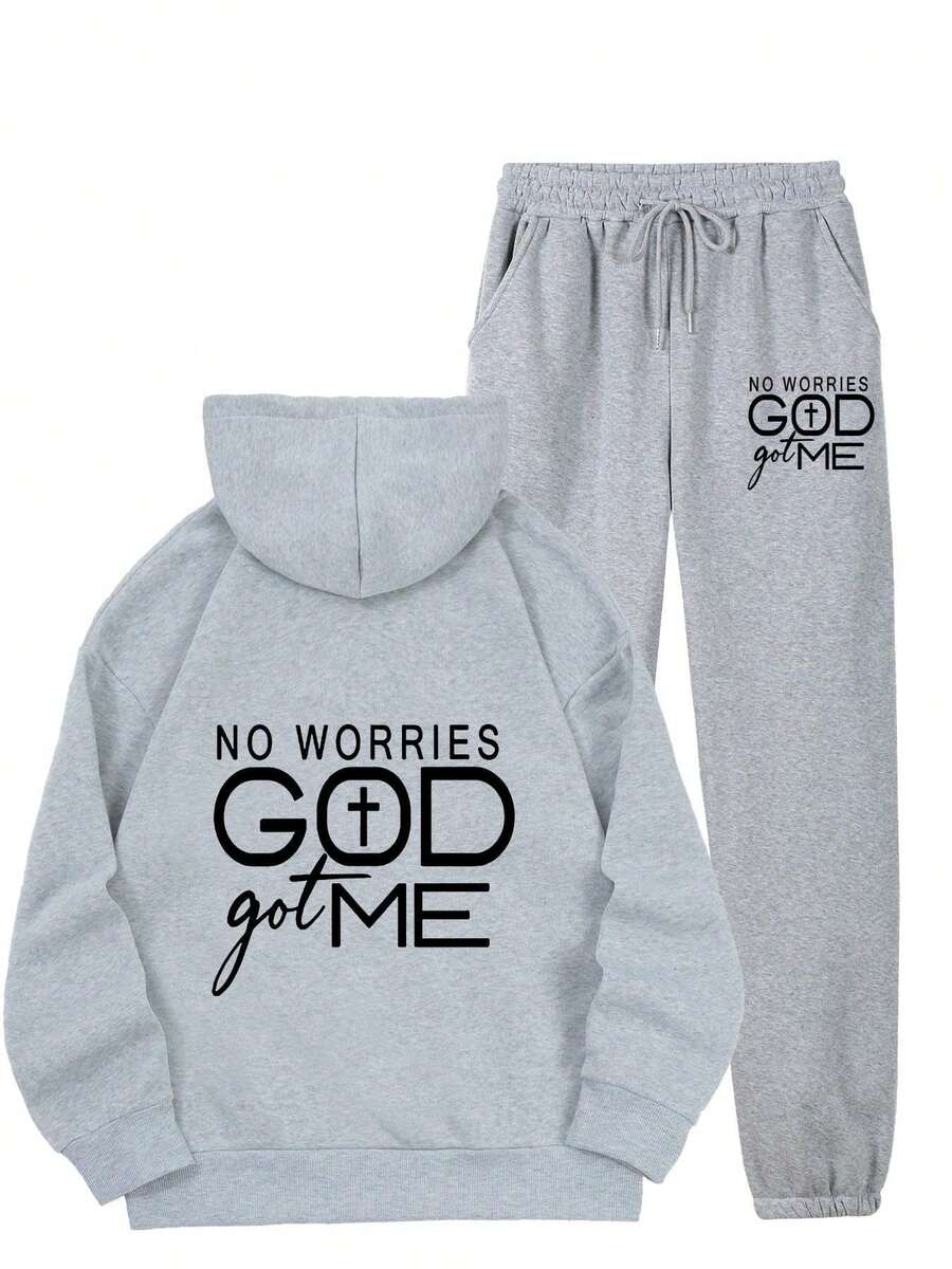 Women'S Fleece-Lined Hoodie & Printed Sweatpants Set , Machine Washable, Pocket Detail, Comfortable Warm  Women'S Fleece-Lined Hoodie & Printed Sweatpants Set - Oversized V-Napkin Hoodie With "NO WORRIES GOD GOT ME" Print, Fleece-Lined Pants, Machine Washable Winter Warmth, Pocket Detail, Cozy Casual Outfit For Fall/Winter, Faith-Inspired Casual Wear  Conjunto Deportivo Sport Outfit Women  Athletic Sets Women  Women's Winter Clothing Of Women's Winter Clothing Women's Winter Fashion Women's Winter Promotion Of Women's Winter Clothing Christmas  Ugly Christmas Sweater Women Curve - Xám - Xem 1