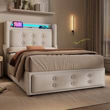 Upholstered Bed 90x200, Single Bed With LED Headboard And USB C Charging Function, Hydraulic Bed With Wooden Slatted Base And Metal Frame, Load Capacity 150 Kg, Beige, Cotton (Mattress Not Included) - Beige + Cotton Linen - View 2