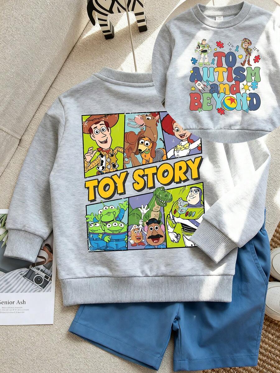 Disney Toy Story "To Autism And Beyond" Comic Pattern Print, Soft And Warm Girls' Hoodie, Suitable For Daily Leisure, Parent-Child Outings And Other Scenarios. - 黑色 - 查看 1