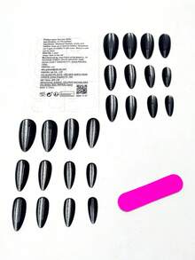 24 piezas de calcomanías de uñas de ojo de gato, forma de almendra mediana, color negro, reutilizables, uñas postizas de cobertura completa, estilo minimalista, acabado brillante, adecuadas para mujeres y niñas, uso diario - Negro - Ver 4