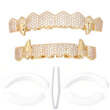 AINTTBY 1 pieza/2 piezas Dientes Grillz de cobre chapado en oro brillante estilo hip hop callejero personalizado, colmillos de vampiro para uso diario, Halloween y fiestas, unisex