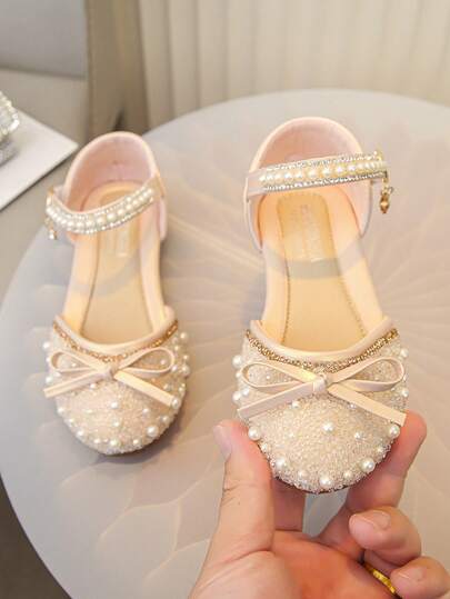 Zapatos de vestir para niñas, sandalias para niñas con zapatos de vestir con brillo y tacón bajo, zapatos planos de princesa con cristales y flores para bodas y fiestas