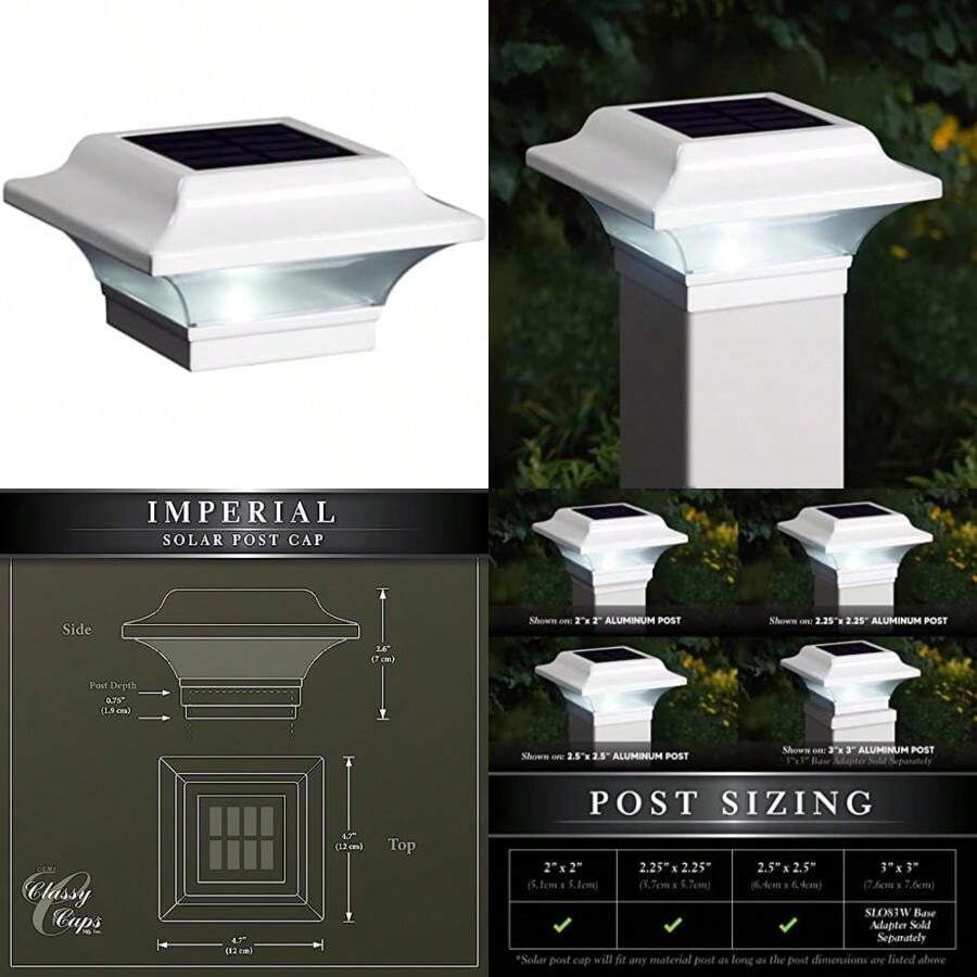 Classy Caps SLO82W - Tapa de poste solar imperial - Se adapta a postes de 2 x 2 pulgadas, 2.25 x 2.25 pulgadas, 2.5 x 2.5 pulgadas, aluminio recubierto de polvo blanco(default) - Multicolor - Ver 1