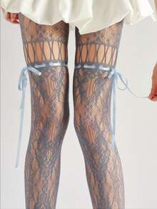Y2K Subculture Bowknot Fishnet Stockings, Hollow Out Jacquard Mesh Pantyhose, Dark Night Black - Blue - View 5