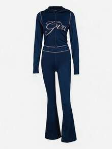 FQLWL Women's Casual Street Style Tracksuit, Printed Zip-Up Hoodie And Pants Set, Long Sleeve 2-Piece Outfit Spring - Navy Blue - View 5