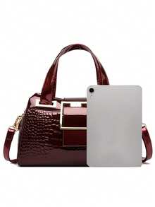 高品质双层大容量手提包，奢华手提包，女士包，设计师鳄鱼纹压花女士波士顿单肩包 - 紅色 - 查看 7