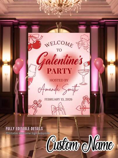 1pc - Customizable Name Valentine's Day Poster, Valentine's Gift, Editable Surprise Party Welcome Sign Template, Engagement Poster, Ladies Welcome Poster, Customized Unframed Canvas Birthday Poster, Party Welcome Poster, Customized Valentine's Day Party Poster