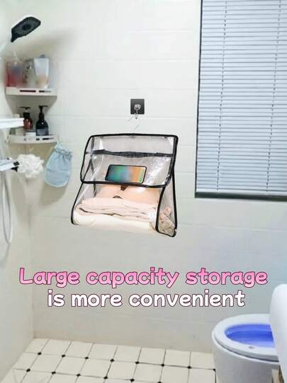 大容量浴室收纳袋，透明防水，可视触控，可挂TPU材质衣物收纳袋，黑白多功能，可开合，适用于手机、触摸屏，浴室、宿舍等场所。