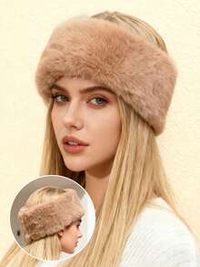 1Pc Women Faux Fur Headband Solid Black Fuzzy Headband Fleece Earmuff Empty Winter Hat Top Hat - 1Pc - View 9