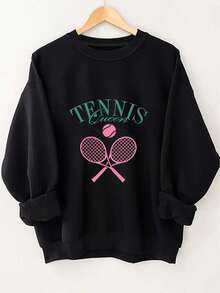 Women's Tennis Graphic Crew Neck Sweatshirt - Long Sleeve Casual Top With "TENNIS Please" Letter Print & Racket Design, Black With Teal & Pink Accents, Spring/Fall Machine Washable Sporty Chic Apparel, Spring Fall Clothing, Durable Casualwear - 黑色 - 查看 1