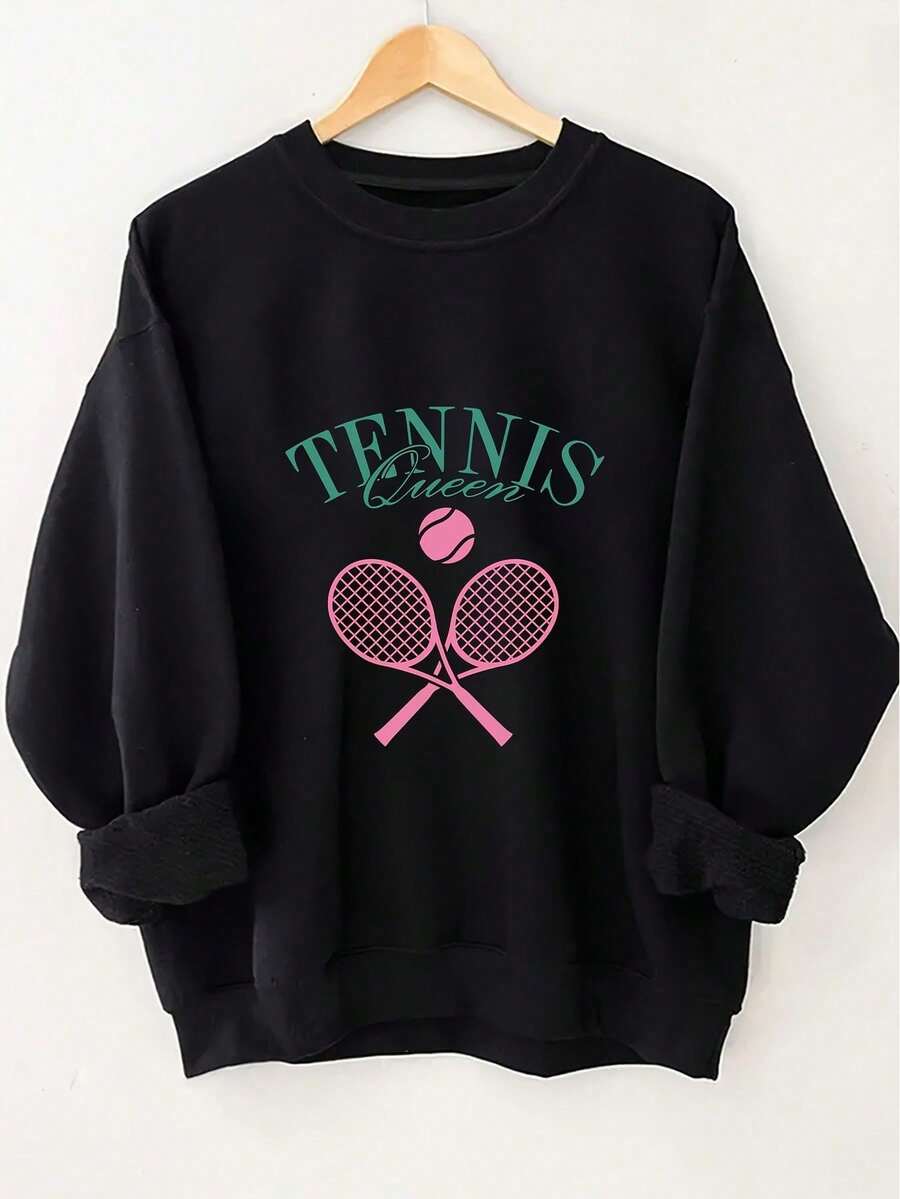 Women's Tennis Graphic Crew Neck Sweatshirt - Long Sleeve Casual Top With "TENNIS Please" Letter Print & Racket Design, Black With Teal & Pink Accents, Spring/Fall Machine Washable Sporty Chic Apparel, Spring Fall Clothing, Durable Casualwear - 黑色 - 查看 1