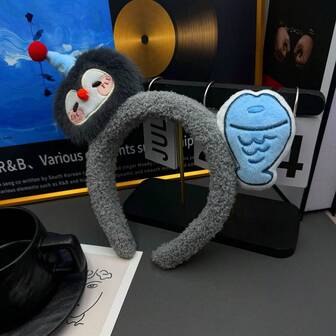 Cartoon Shiny Korean Style Penguin & Fish Design Cute Plush Headband, Adorable Headpiece For Girls, Photo Shoot, Face Washing ,Hair Band ,Diadema ,Hair Hoop