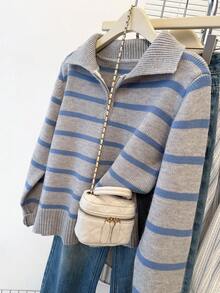 JIANHU Áo len polo dệt kim kẻ sọc xám nhạt và xanh dương - Áo chui đầu nửa khóa kéo mùa thu/đông với cổ áo bo gân và đường may tương phản, phù hợp cho các chợ Giáng sinh và các dịp công sở thường ngày. - Màu Xám nhạt - Xem 10