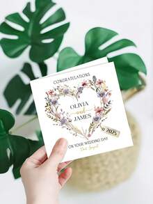 1张定制个性化婚礼花卉贺卡，新婚夫妇祝福，结婚祝贺卡，婚礼礼品卡 | 姓名首字母，个性化心形花卉婚礼贺卡，个性化礼物，婚礼用品，婚礼装饰 - 彩色 - 查看 4