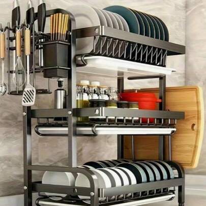 Kitchen Countertop Dish Drying Rack - Multi-Functional Tableware Storage Organizer For Bowls, Plates, Chopsticks, Spoons & Dishes, Home Kitchen Space-Saving Dish Rack With Efficient Drainage System, Detachable Compartments For Classified Storage (Bowls/Plates/Utensils/Cutlery), Durable Plastic & Metal Construction For Long-Lasting Use, Easy-To-Clean Surface (Wipeable & Washable), Anti-Slip Rubber Feet To Prevent Sliding On Countertops, Suitable For Small Kitchens, Apartments & Family Homes, Keeps Dishes Dry, Tidy & Mold-Free After Washing, Extra Side Hooks For Hanging Sponges/Scrub Brushes, Adjustable Layers To Fit Different Dish Sizes, Ideal For Daily Kitchen Use & Meal Prep Organization