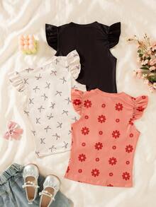 3pcs/Set Girls Casual Sleeveless Tops With Floral & Bow Print, Summer - Multicolor - View 2