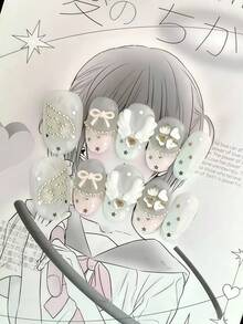 10片装日系原宿甜美动漫风美甲贴片 - 半透明乳白色和粉色果冻凝胶材质，带有3D星星、四叶草、蝴蝶结、天使翅膀和迷你金属珠装饰，可重复使用，适合女性和女孩，可爱3D装饰美甲，可用于角色扮演、派对、日常佩戴和拍照（附赠果冻胶条和指甲锉）。手工美甲贴片。 - Follow Your Heart - 查看 7