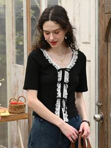 Simple Retro Women's Short Sleeve Cardigan With A Laced Front And Contrasting Ruffle Detail - Black - View 3