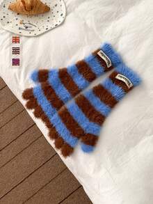 1 Pair Cute Rainbow Striped Faux Fur Knitted Fingerless Gloves For Women, Autumn/Winter, Student, Cycling, Warm, Touchscreen - Striped Faux Rabbit Fur Knitted Gloves - View 6