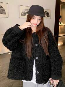 Áo khoác nữ kiểu Hàn Quốc cổ tròn giả lông cừu, dày dặn và ấm áp, dáng rộng, đa năng cho mùa thu/đông, màu đen. - màu đen - Xem 1