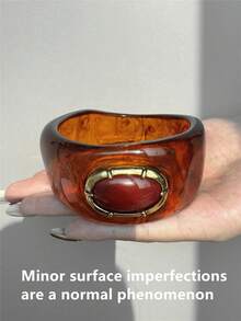 复古仿红宝石透明棕色树脂几何手镯，夸张奢华粗犷宽透明手镯，女士新款设计 - 彩色 - 查看 4