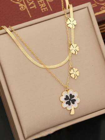 1pc Stainless Steel Large Flower Pendant Double Layer Necklace, Suitable For Daily Wear