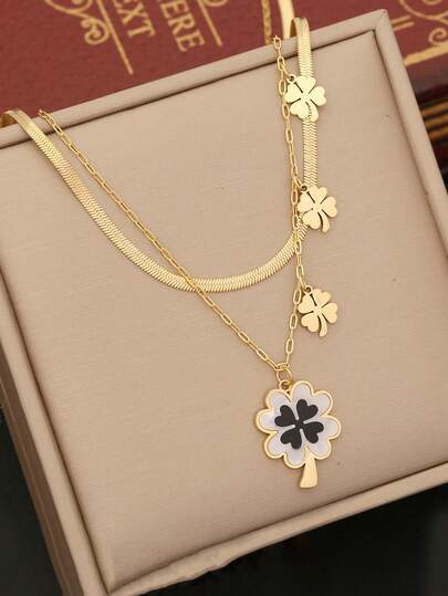 RAYQUEEN 1 pieza Collar de doble capa con colgante de flor grande de acero inoxidable, adecuado para uso diario