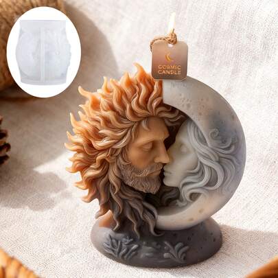 1个3D立体日月造型硅胶蜡烛模具，精细设计，包含太阳神和月亮女神的图案，耐热易脱模，适用于手工香薰蜡烛/香皂、树脂工艺品、简约家居装饰，是情人节、周年纪念日、生日的完美礼物。