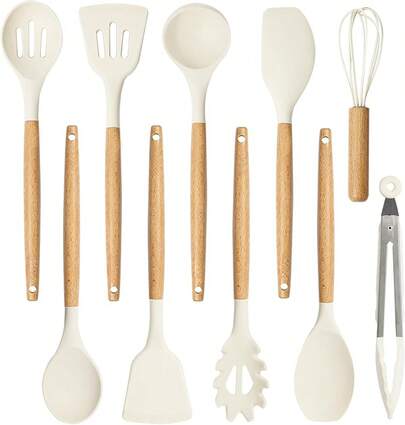 Silicone Cooking Utensils Set, Kitchen Utensils Set 10 Pcs For Cooking, Spatula Set With Heat Resistant Wood Handles For Nonstick Cookware (Cream White)