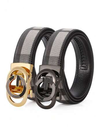 男士合金字母自动扣皮带，青年商务时尚裤装，仿布纹皮带